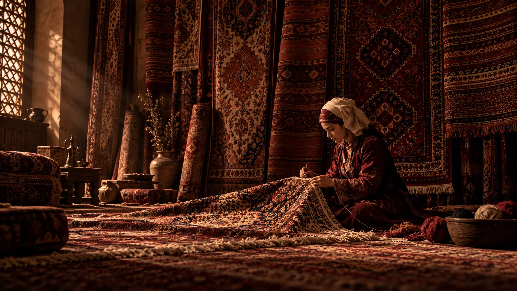 Deep heritage hand-spun wool rug with intricate border design